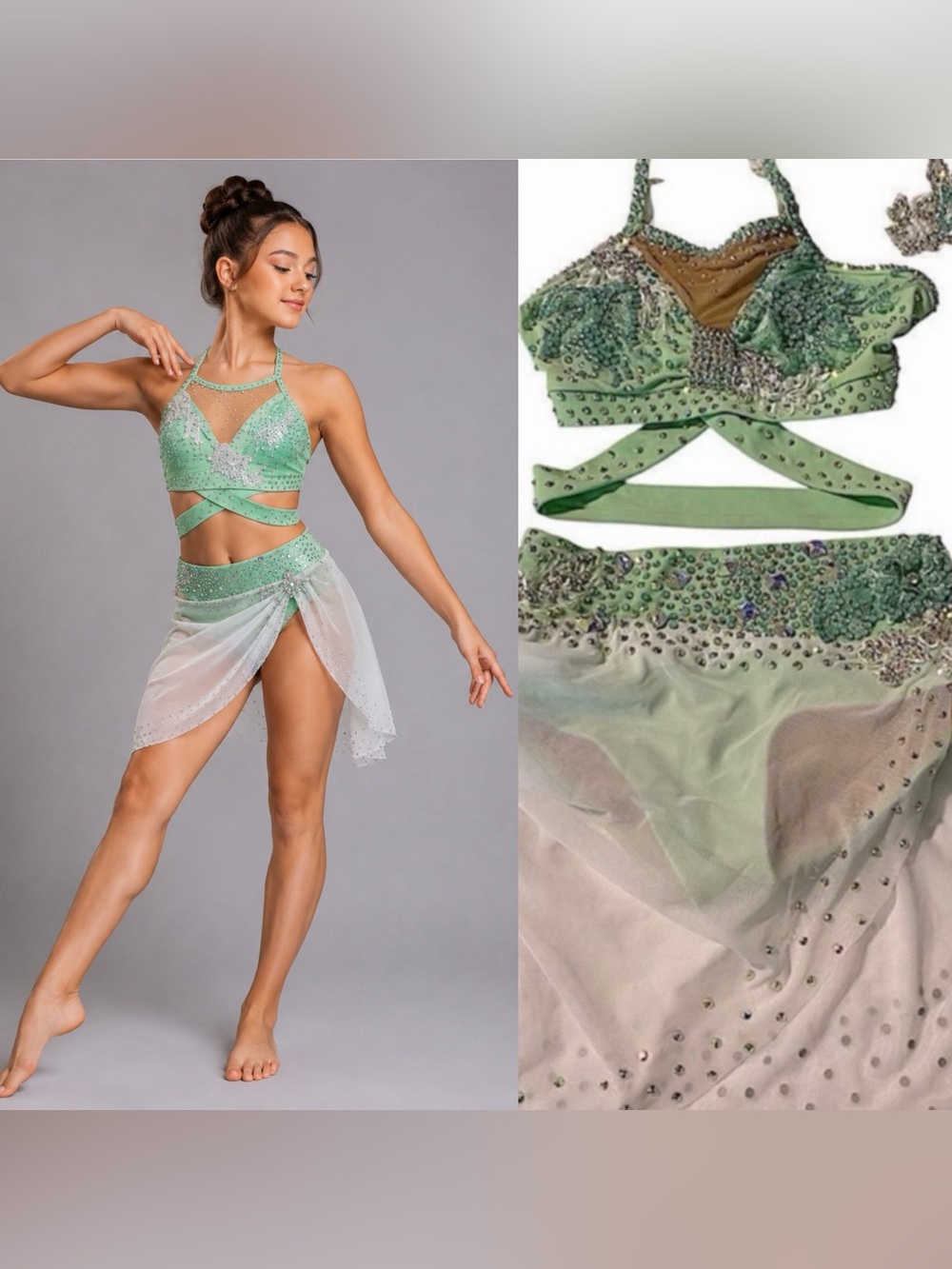 Solo custom dance costume 2 piece mint green bling lyrical contemporary LC child